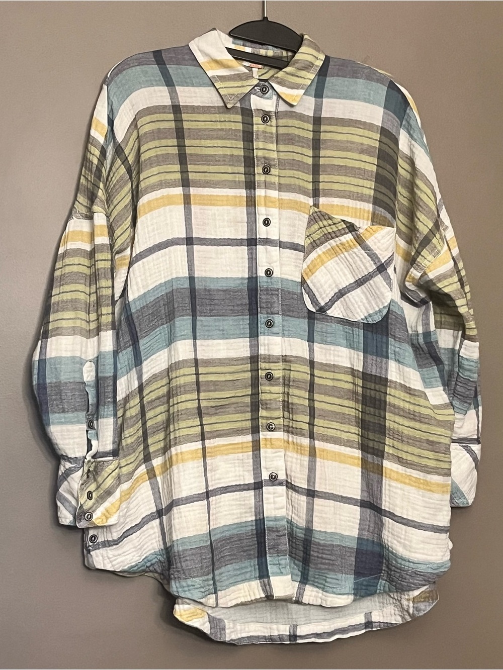 Free People Plaid Button-Down Shirt in Blue, Green & Yellow